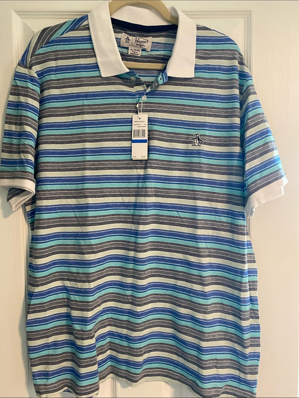 Original Penguin Blue and Gray Striped Polo with White Collar